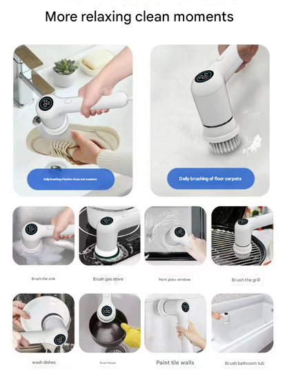 White Rechargeable Electric Spin Scrubber - Waterproof Power Cleaning Brush with 5 Heads & Digital Display for Bathroom, Kitchen & More