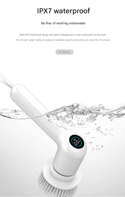 White Rechargeable Electric Spin Scrubber - Waterproof Power Cleaning Brush with 5 Heads & Digital Display for Bathroom, Kitchen & More
