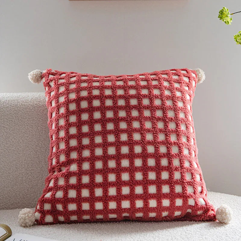 Red and Beige 3D Checkered Cushion Cover with Pom Poms - Soft Decorative Pillow Case for Sofa & Living Room (45x45cm, Cover Only) - Mekamart Australia