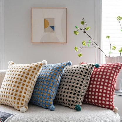 Red and Beige 3D Checkered Cushion Cover with Pom Poms - Soft Decorative Pillow Case for Sofa & Living Room (45x45cm, Cover Only) - Mekamart Australia