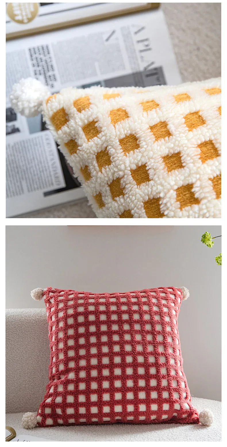 Red and Beige 3D Checkered Cushion Cover with Pom Poms - Soft Decorative Pillow Case for Sofa & Living Room (45x45cm, Cover Only) - Mekamart Australia
