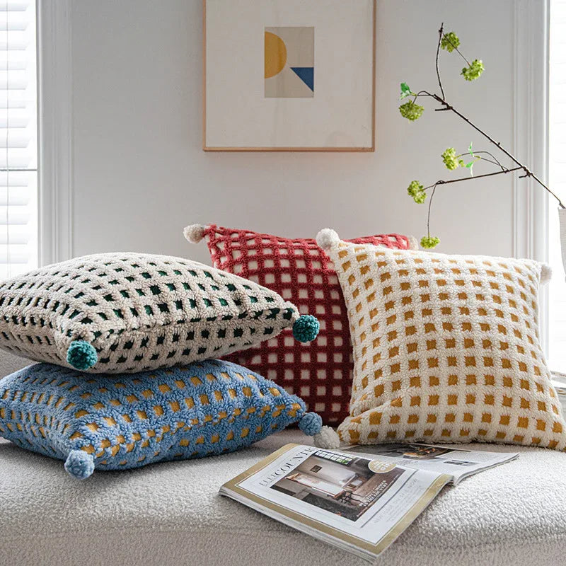 Blue and Yellow 3D Checkered Cushion Cover with Pom Poms - Soft Decorative Pillow Case for Sofa & Living Room (45x45cm, Cover Only) - Mekamart Australia