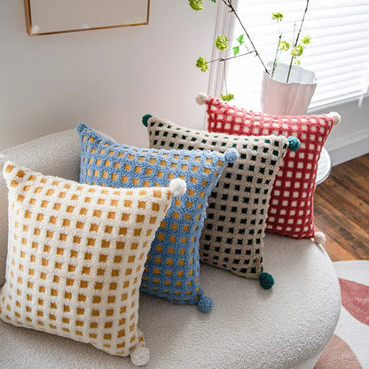 Beige and Green 3D Checkered Cushion Cover with Pom Poms - Soft Decorative Pillow Case for Sofa & Living Room (45x45cm, Cover Only) - Mekamart Australia
