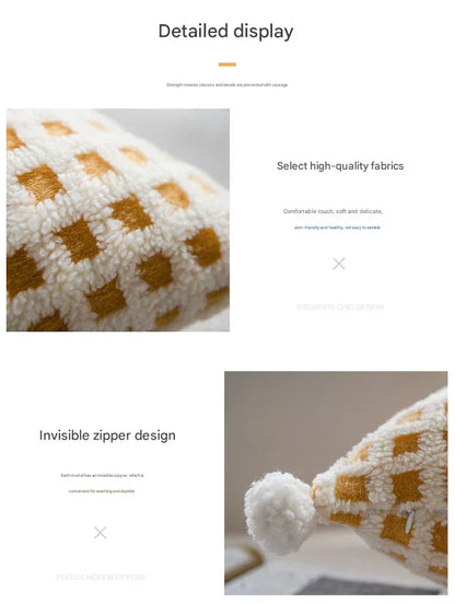 Beige and Yellow 3D Checkered Cushion Cover with Pom Poms - Soft Decorative Pillow Case for Sofa & Living Room (45x45cm, Cover Only) - Mekamart Australia