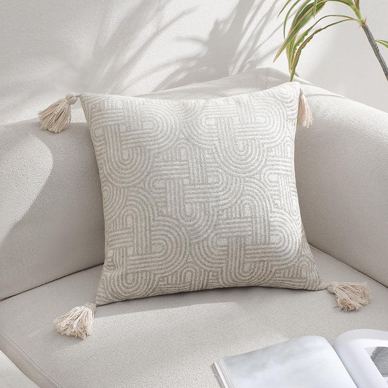 Beige Chic Geometric Jacquard Cushion Covers with Tassels - Set of 2, Plush Blend for Sofa & Bed Decor (45x45cm, Insert Not Included) - Mekamart Australia