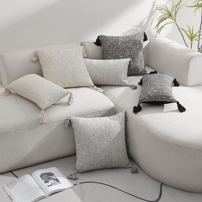Beige Chic Geometric Jacquard Cushion Covers with Tassels - Set of 2, Plush Blend for Sofa & Bed Decor (45x45cm, Insert Not Included) - Mekamart Australia