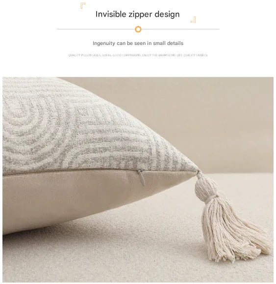 Beige Chic Geometric Jacquard Cushion Covers with Tassels - Set of 2, Plush Blend for Sofa & Bed Decor (45x45cm, Insert Not Included) - Mekamart Australia
