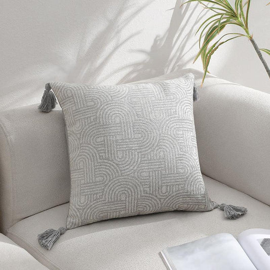 Grey Chic Geometric Jacquard Cushion Covers with Tassels - Set of 2, Plush Blend for Sofa & Bed Decor (45x45cm, Insert Not Included) - Mekamart Australia