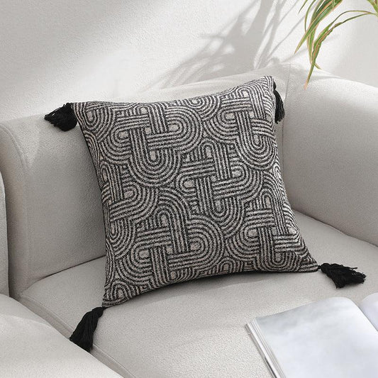 Black Chic Geometric Jacquard Cushion Covers with Tassels - Set of 2, Plush Blend for Sofa & Bed Decor (45x45cm, Insert Not Included) - Mekamart Australia