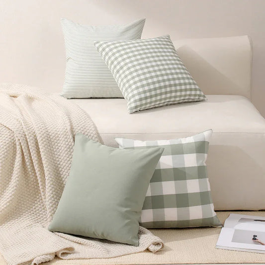 Green Small Plaid Pattern Set of 2 Decorative Cushion Covers - 45x45cm, Soft Polyester (Inserts Not Included) - Mekamart Australia