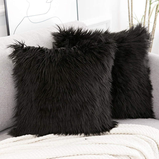 Black Luxurious Long Faux Fur Cushion Covers - Set of 2, 45x45cm Soft Plush Decorative Pillowcases for Sofa & Bed - Mekamart Australia