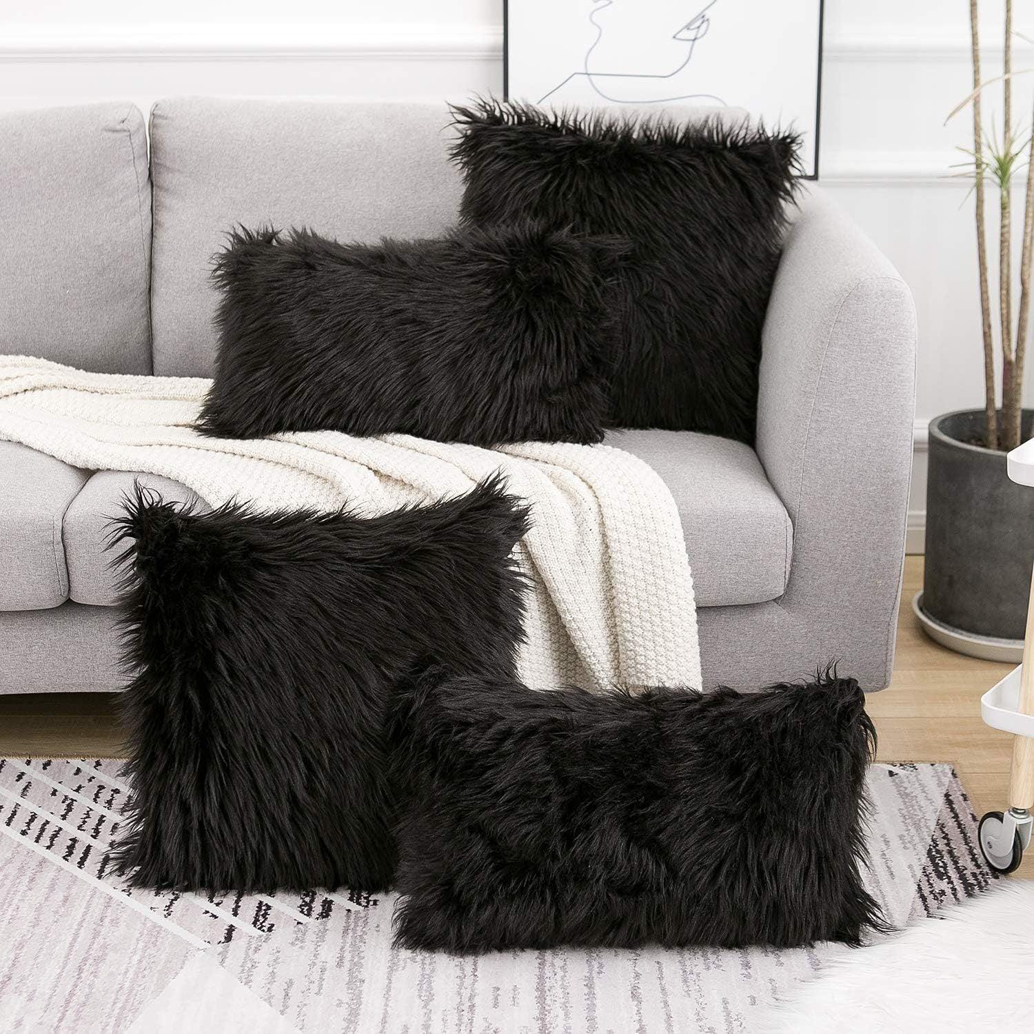 Black Luxurious Long Faux Fur Cushion Covers - Set of 2, 45x45cm Soft Plush Decorative Pillowcases for Sofa & Bed - Mekamart Australia