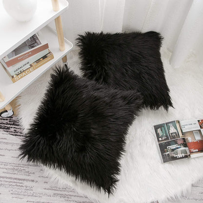 Black Luxurious Long Faux Fur Cushion Covers - Set of 2, 45x45cm Soft Plush Decorative Pillowcases for Sofa & Bed - Mekamart Australia