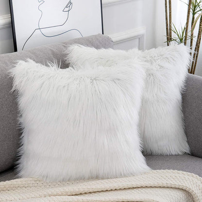White Luxurious Long Faux Fur Cushion Covers - Set of 2, 45x45cm Soft Plush Decorative Pillowcases for Sofa & Bed - Mekamart Australia