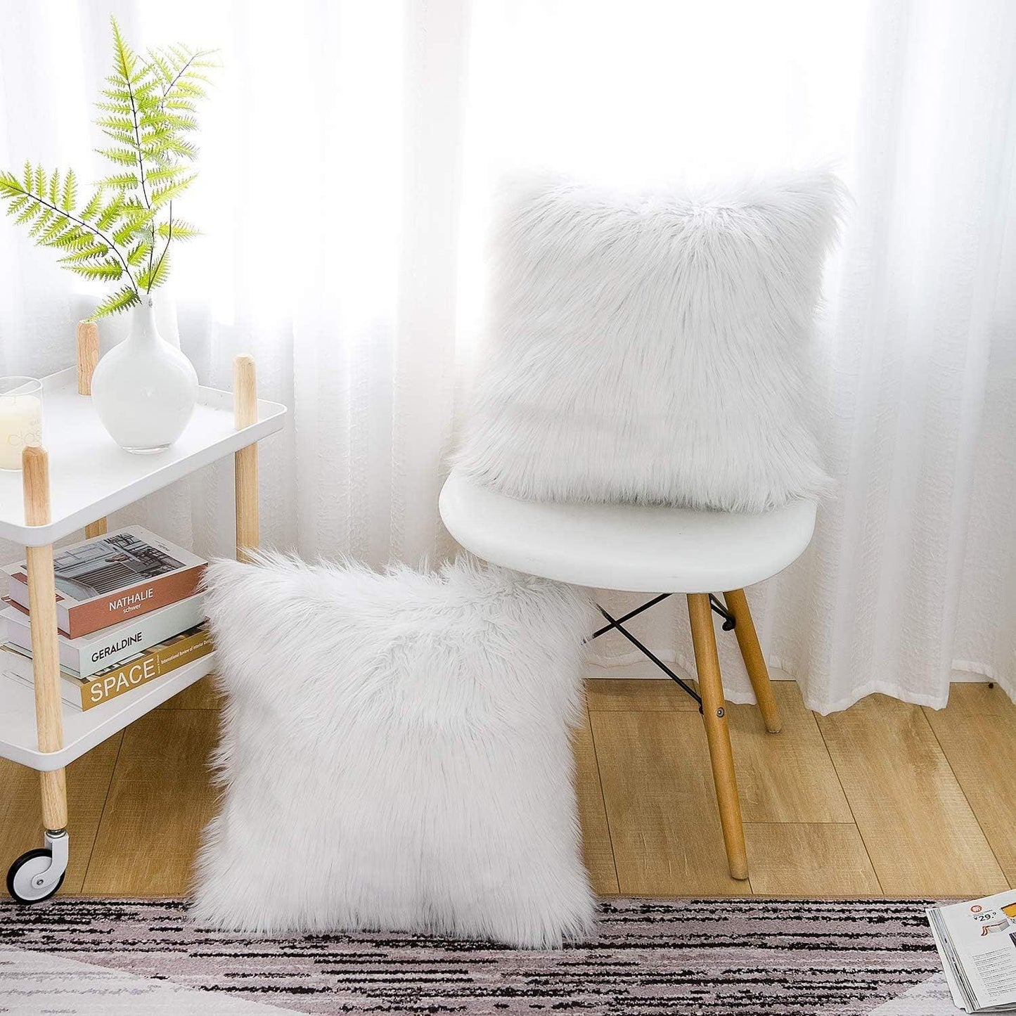 White Luxurious Long Faux Fur Cushion Covers - Set of 2, 45x45cm Soft Plush Decorative Pillowcases for Sofa & Bed - Mekamart Australia