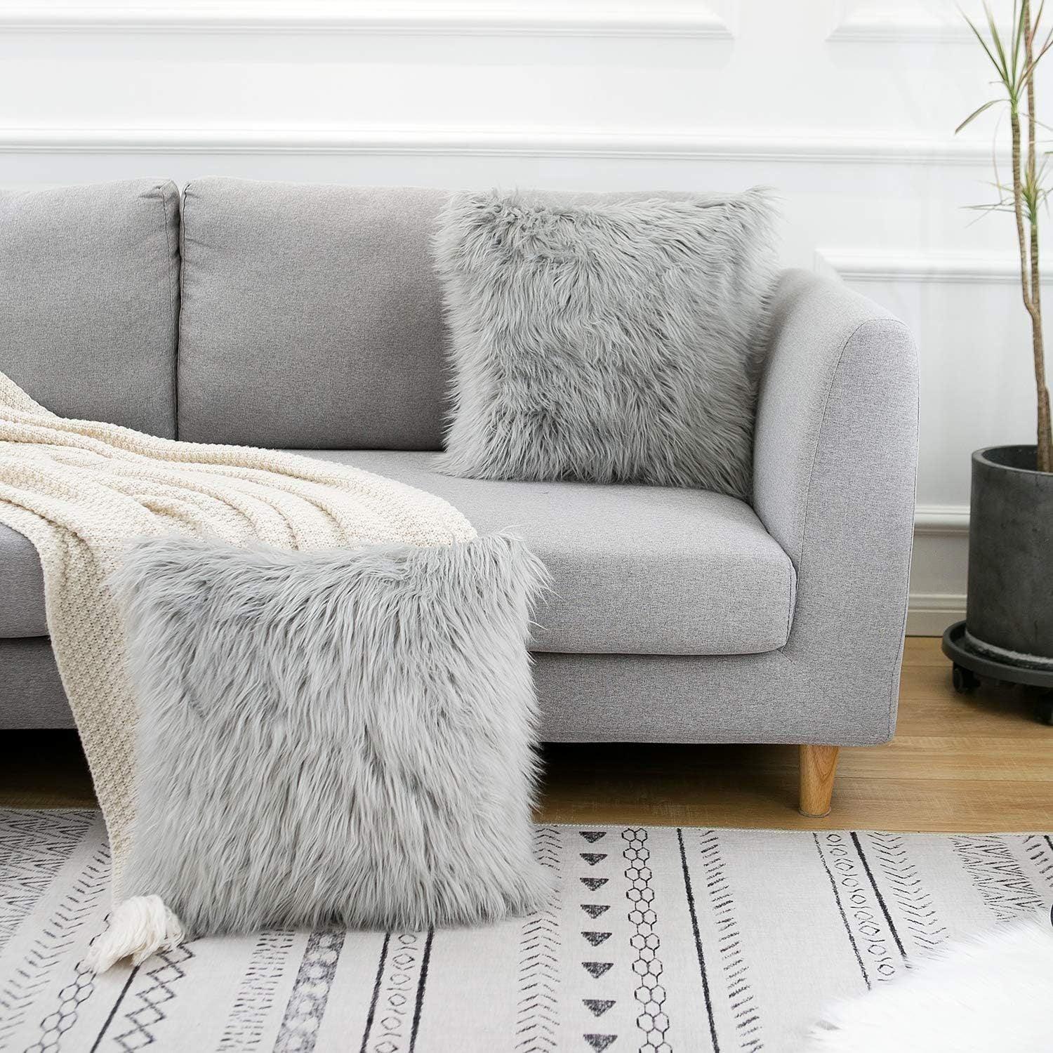 Grey Luxurious Long Faux Fur Cushion Covers - Set of 2, 45x45cm Soft Plush Decorative Pillowcases for Sofa & Bed - Mekamart Australia