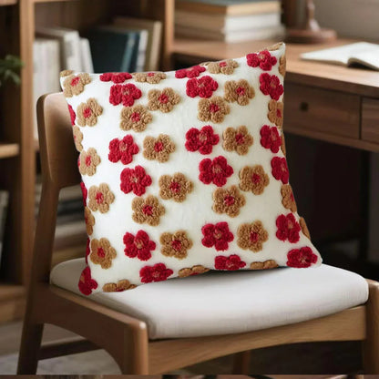 Red and Brown Charming 3D Floral Plush Cushion Covers - Set of 4, 45x45cm Soft Faux Lambswool Pillowcases for Sofa & Bed Decor - Mekamart Australia