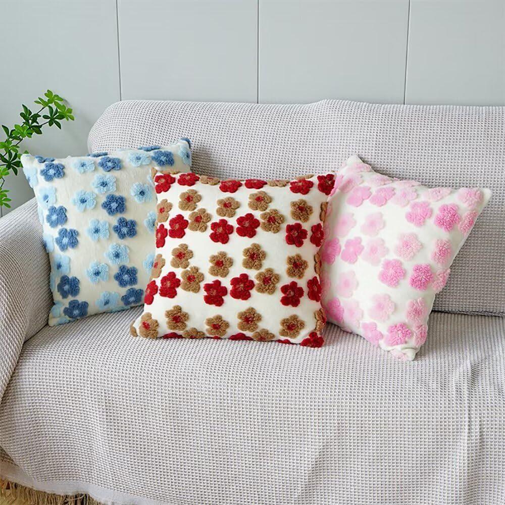 Red and Brown Charming 3D Floral Plush Cushion Covers - Set of 4, 45x45cm Soft Faux Lambswool Pillowcases for Sofa & Bed Decor - Mekamart Australia