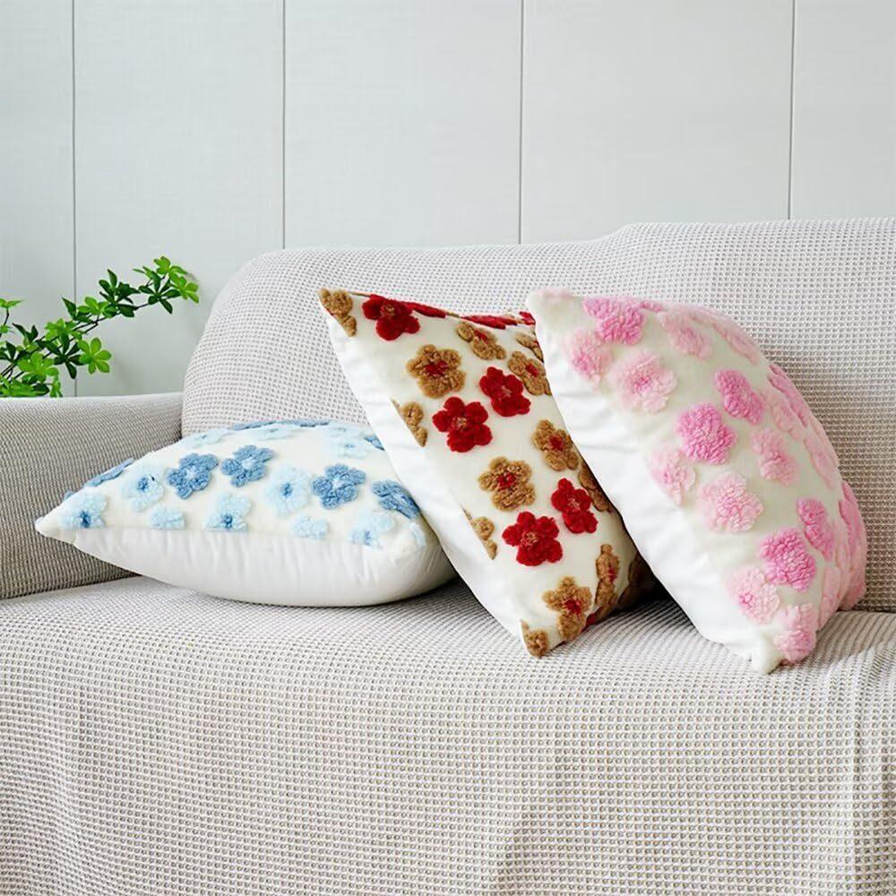 Red and Brown Charming 3D Floral Plush Cushion Covers - Set of 4, 45x45cm Soft Faux Lambswool Pillowcases for Sofa & Bed Decor - Mekamart Australia