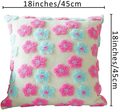 Blue Charming 3D Floral Plush Cushion Covers - Set of 4, 45x45cm Soft Faux Lambswool Pillowcases for Sofa & Bed Decor - Mekamart Australia