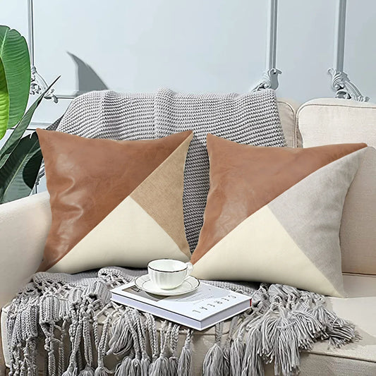 Khaki and Gray Modern Geometric Faux Leather & Cotton-Linen Cushion Covers - Set of 2, 45x45cm Decorative Pillowcases for Sofa & Car - Mekamart Australia