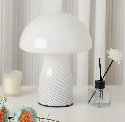 Stripe-Pure White Retro Swirl Glass Mushroom Table Lamp - LED Bedside Night Light - Mekamart Australia