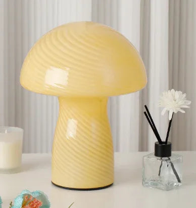 Stripe-Pure Yellow Retro Swirl Glass Mushroom Table Lamp - LED Bedside Night Light - Mekamart Australia