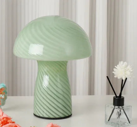 Stripe-Pure Green Retro Swirl Glass Mushroom Table Lamp - LED Bedside Night Light - Mekamart Australia