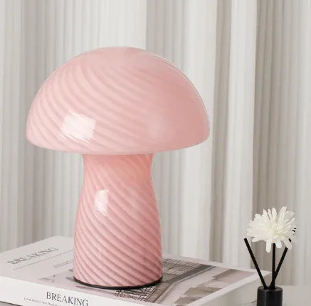 Stripe-Pure Pink Retro Swirl Glass Mushroom Table Lamp - LED Bedside Night Light - Mekamart Australia
