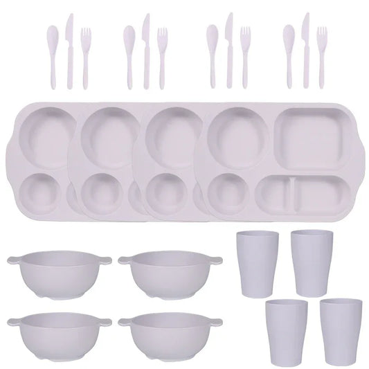 White Durable Eco-Friendly Wheat Straw Dinnerware Set - 24 Pieces with Plates, Bowls, Cups & Cutlery - Mekamart Australia