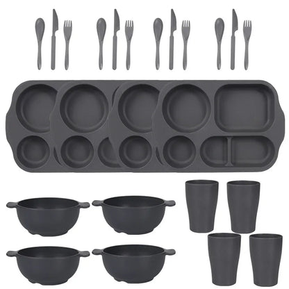 Dark Grey Durable Eco-Friendly Wheat Straw Dinnerware Set - 24 Pieces with Plates, Bowls, Cups & Cutlery - Mekamart Australia