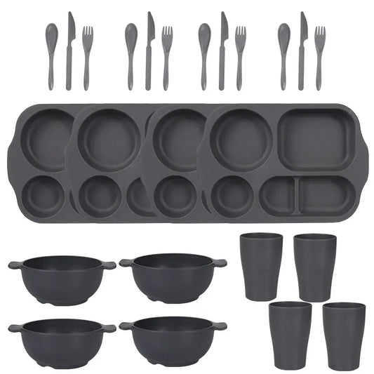 Dark Grey Durable Eco-Friendly Wheat Straw Dinnerware Set - 24 Pieces with Plates, Bowls, Cups & Cutlery - Mekamart Australia