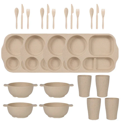 Beige Durable Eco-Friendly Wheat Straw Dinnerware Set - 24 Pieces with Plates, Bowls, Cups & Cutlery - Mekamart Australia