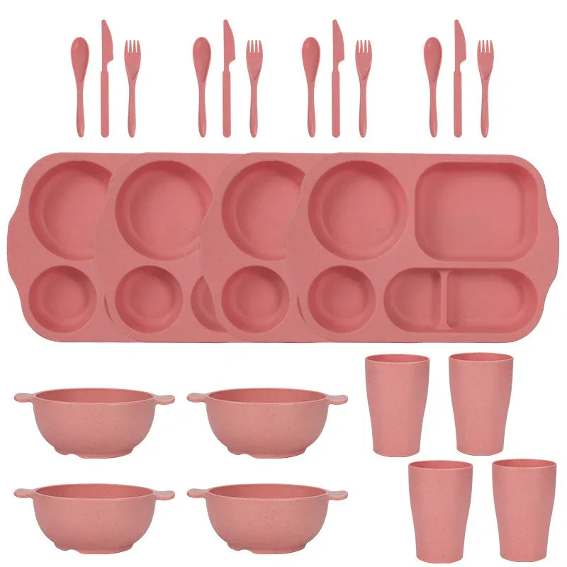 Pink Durable Eco-Friendly Wheat Straw Dinnerware Set - 24 Pieces with Plates, Bowls, Cups & Cutlery - Mekamart Australia