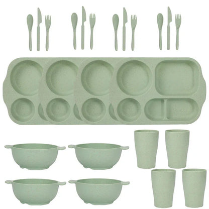 Green Durable Eco-Friendly Wheat Straw Dinnerware Set - 24 Pieces with Plates, Bowls, Cups & Cutlery - Mekamart Australia
