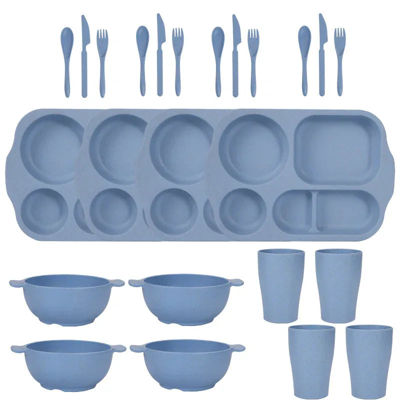 Blue Durable Eco-Friendly Wheat Straw Dinnerware Set - 24 Pieces with Plates, Bowls, Cups & Cutlery - Mekamart Australia