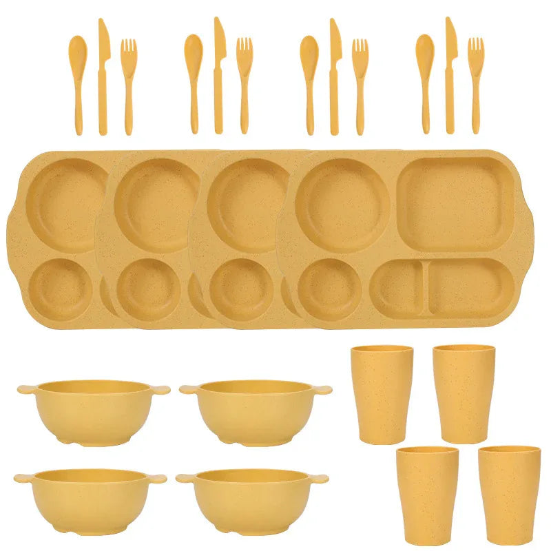 Yellow Durable Eco-Friendly Wheat Straw Dinnerware Set - 24 Pieces with Plates, Bowls, Cups & Cutlery - Mekamart Australia