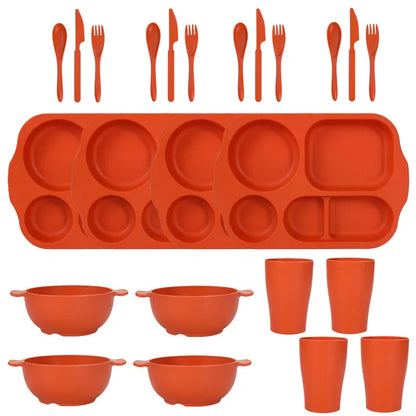 Orange Durable Eco-Friendly Wheat Straw Dinnerware Set - 24 Pieces with Plates, Bowls, Cups & Cutlery - Mekamart Australia