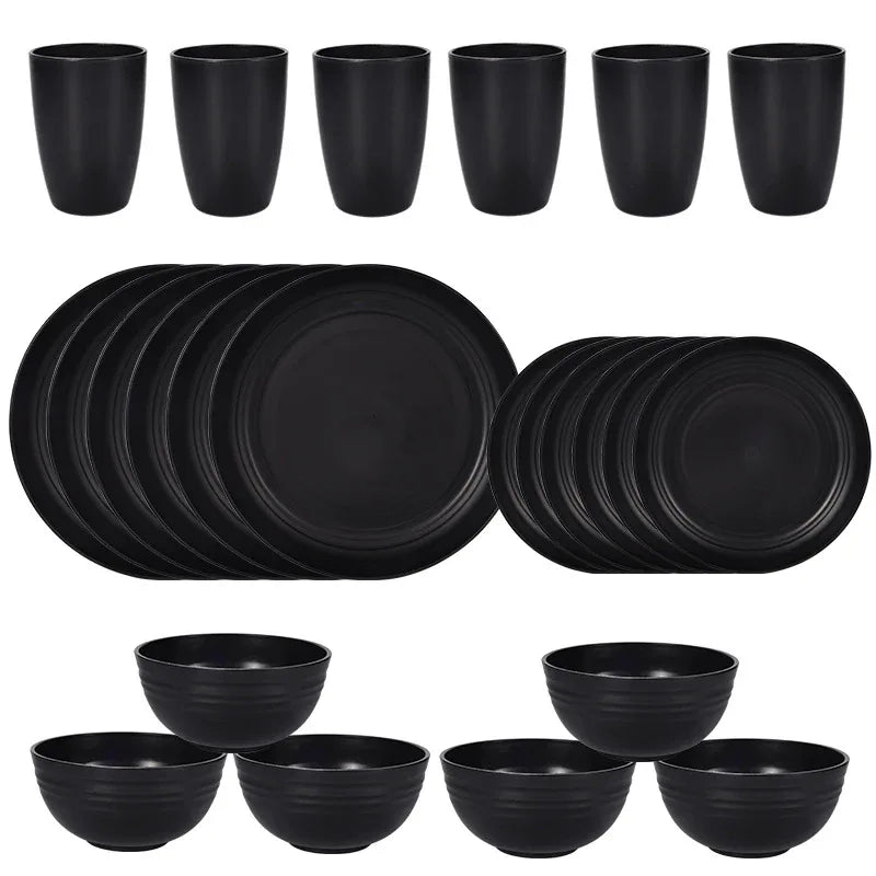 Stylish Black Wheat Straw Dinnerware Set - 24 Pieces Including Plates, Bowls & Cups - Mekamart Australia