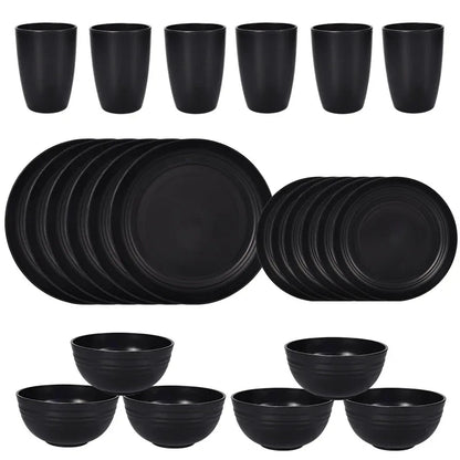 Stylish Black Wheat Straw Dinnerware Set - 24 Pieces Including Plates, Bowls & Cups - Mekamart Australia