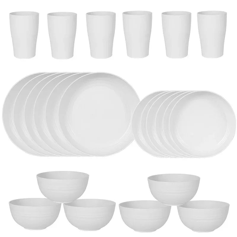 Stylish White Wheat Straw Dinnerware Set - 24 Pieces Including Plates, Bowls & Cups - Mekamart Australia