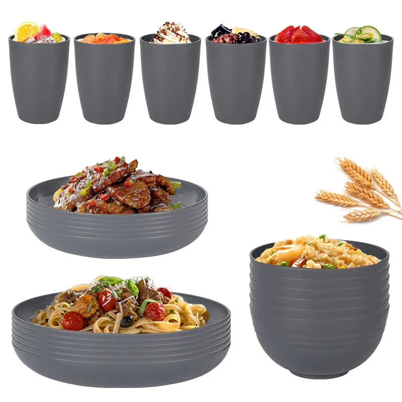 Stylish Dark Grey Wheat Straw Dinnerware Set - 24 Pieces Including Plates, Bowls & Cups - Mekamart Australia