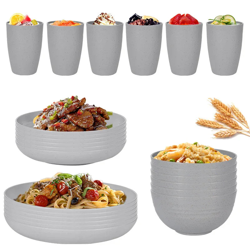Stylish Light Grey Wheat Straw Dinnerware Set - 24 Pieces Including Plates, Bowls & Cups - Mekamart Australia