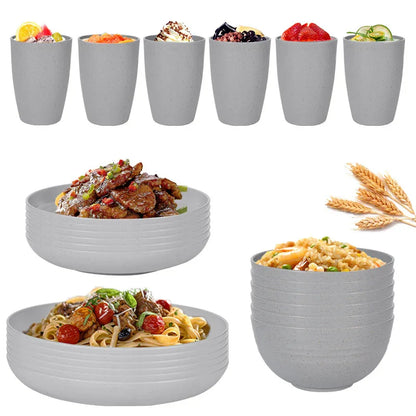 Stylish Light Grey Wheat Straw Dinnerware Set - 24 Pieces Including Plates, Bowls & Cups - Mekamart Australia