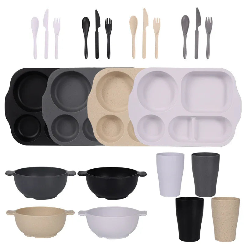 Black, Dark Grey, White, Beige Durable Eco-Friendly Wheat Straw Dinnerware Set - 24 Pieces with Plates, Bowls, Cups & Cutlery - Mekamart Australia