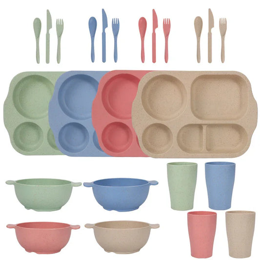 Scandinavian 4-colour Durable Eco-Friendly Wheat Straw Dinnerware Set - 24 Pieces with Plates, Bowls, Cups & Cutlery - Mekamart Australia