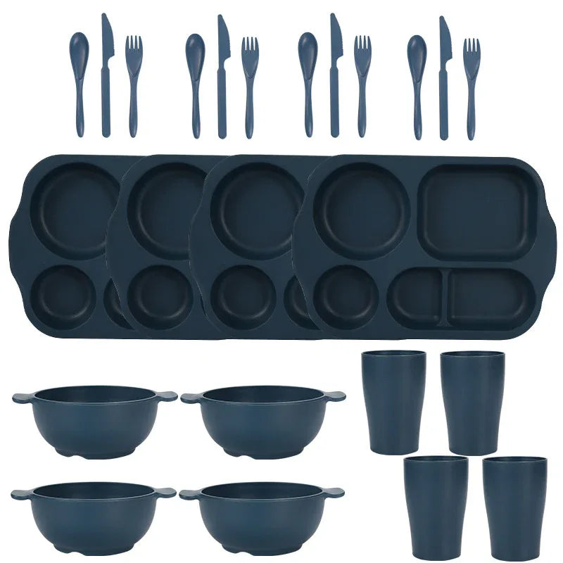 Dark Blue Durable Eco-Friendly Wheat Straw Dinnerware Set - 24 Pieces with Plates, Bowls, Cups & Cutlery - Mekamart Australia