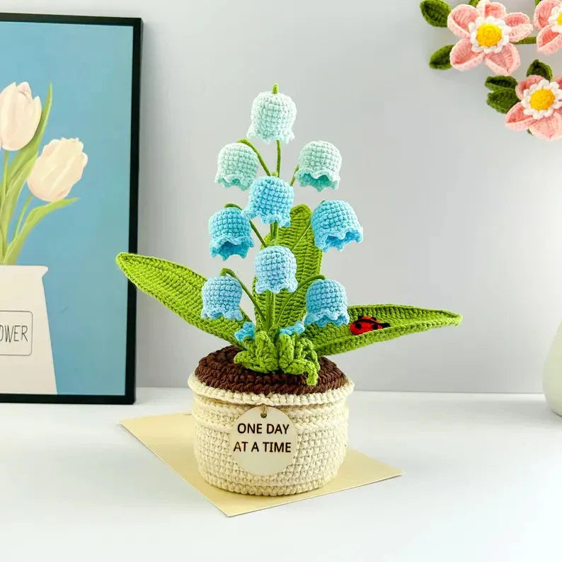 Blue Handmade Crochet Lily of the Valley Potted Plant - Gradient Blue Flower Decor Gift - Mekamart Australia