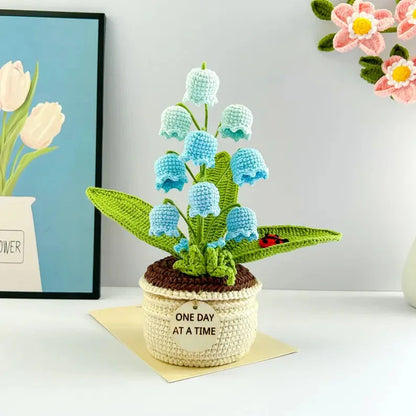 Blue Handmade Crochet Lily of the Valley Potted Plant - Gradient Blue Flower Decor Gift - Mekamart Australia