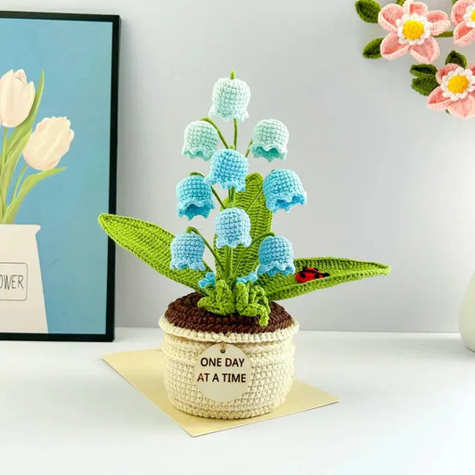 Blue Handmade Crochet Lily of the Valley Potted Plant - Gradient Blue Flower Decor Gift - Mekamart Australia